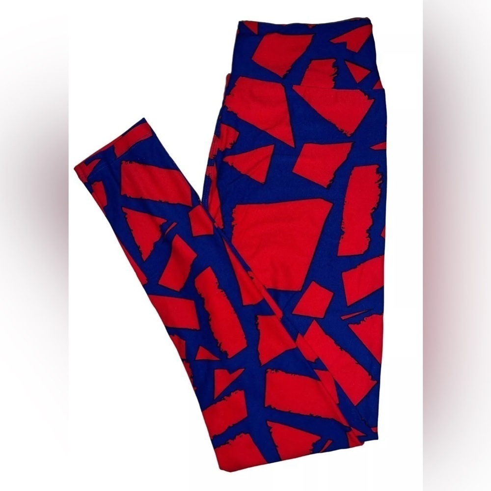 LuLaRoe One Size Leggings Blue Red Fun Triangles - EUC Women’s